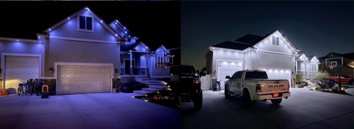RGB blue-tinted white next to TruLight RGBW true warm white on a Salt Lake City home